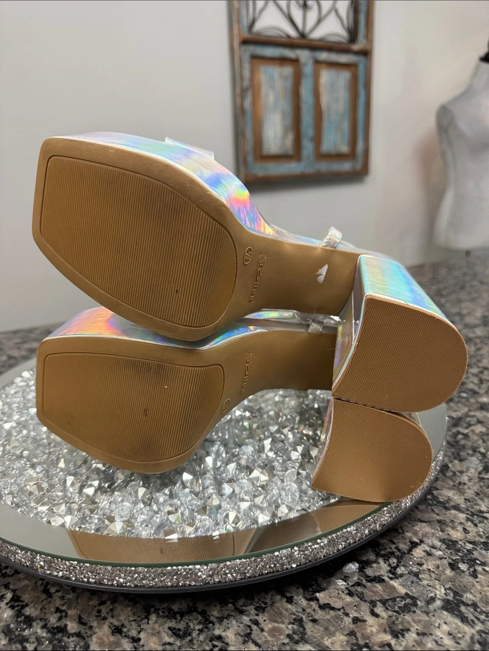 Rouge! Holographic Silver Platform Go-Go Sandals NWOT